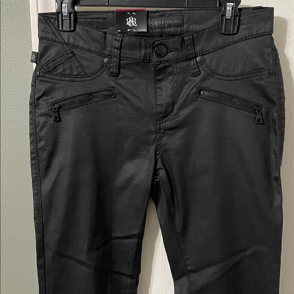 NWT Rock & Republic Kashmiere Zip It Leggings Jet Black Faux Leather Denim Sz 8 - Picture 9 of 13